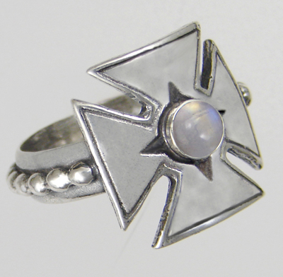 Sterling Silver Woman's Iron Cross Ring With Rainbow Moonstone Size 7